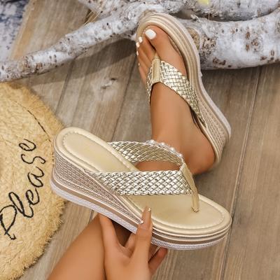 Mode 2025 Neue Damen Keilsandalen Mode Gewebtes Band Flip Flops Dicke Sohle Strandsandalen Leichter Komfort Zehenstegschuhe Weiblich