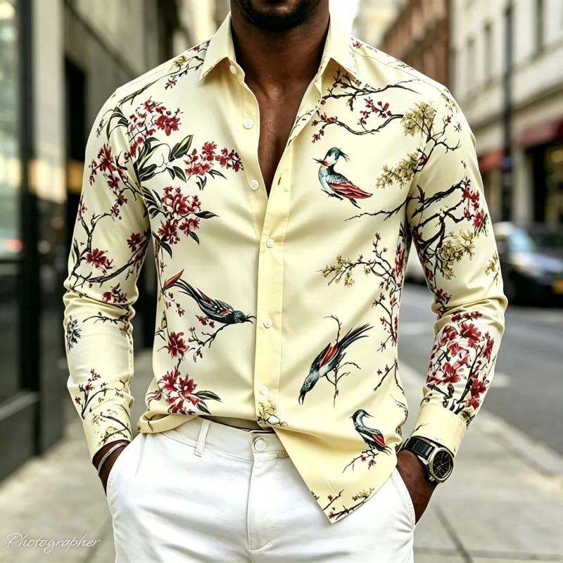 New Men's Shirt Collar Long Sleeved Printed Shirt Street Style Elegant Men's Casual Fashion Top, Comfortable, 17 Colors