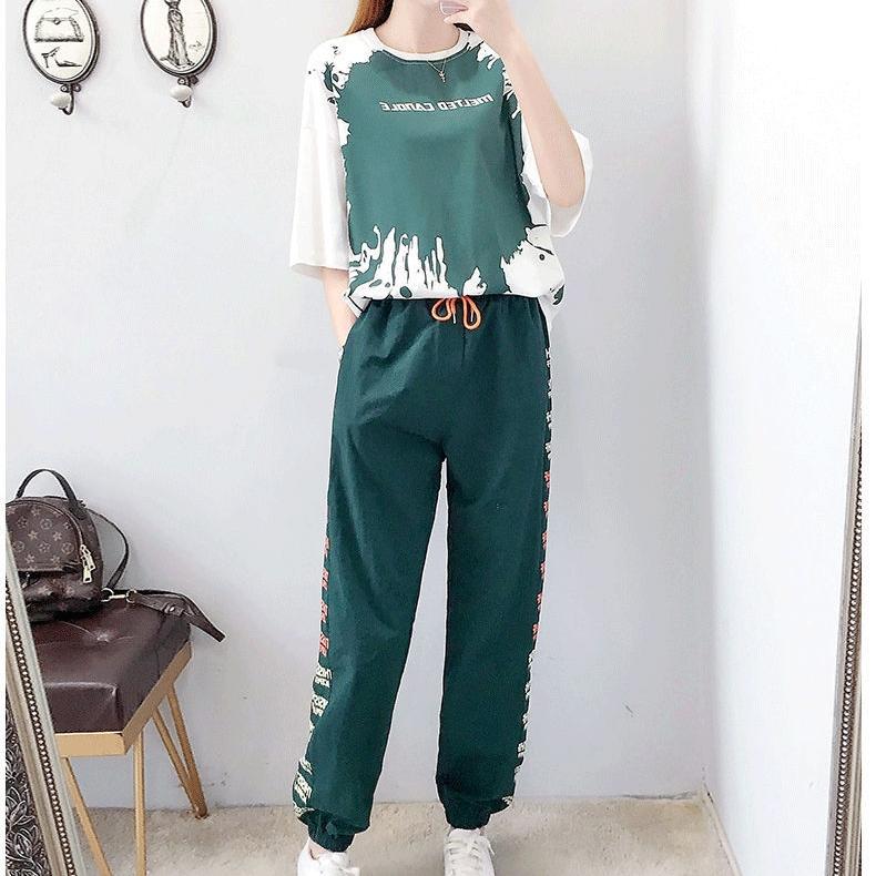 GMXIA Casual Sportswear Set for Women, Loose Summer Haren Long Pants, Short Sleeves, Student Two-piece Set