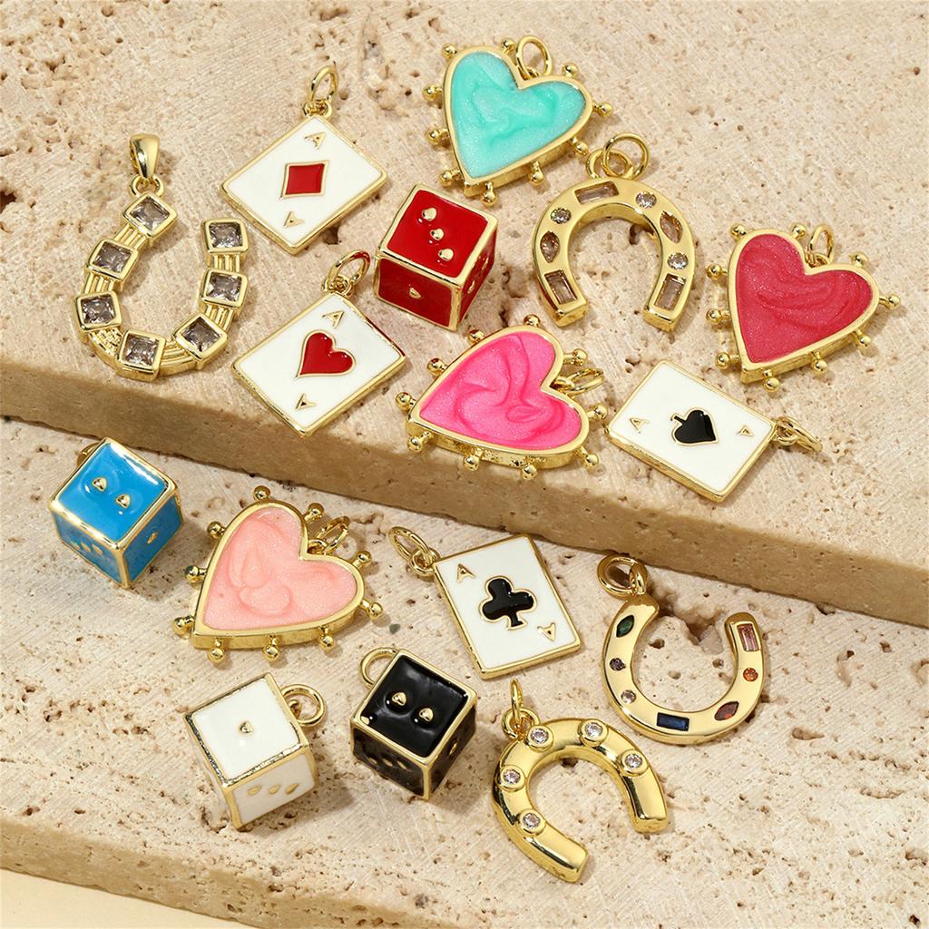 3pcs 18k Gold Plated Charm Heart/Horseshoe/Dices Poker Card Pendants with Cubic Zirconia Necklace Earrings Components