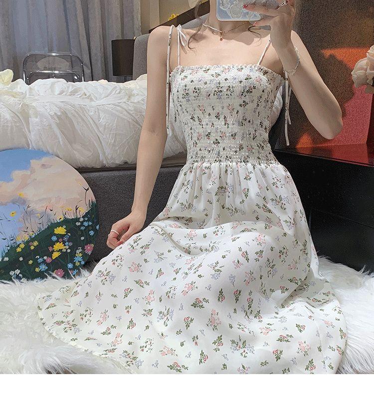 Gentle wind coffee break suspender dress women's summer new thin temperament high-end floral long skirt