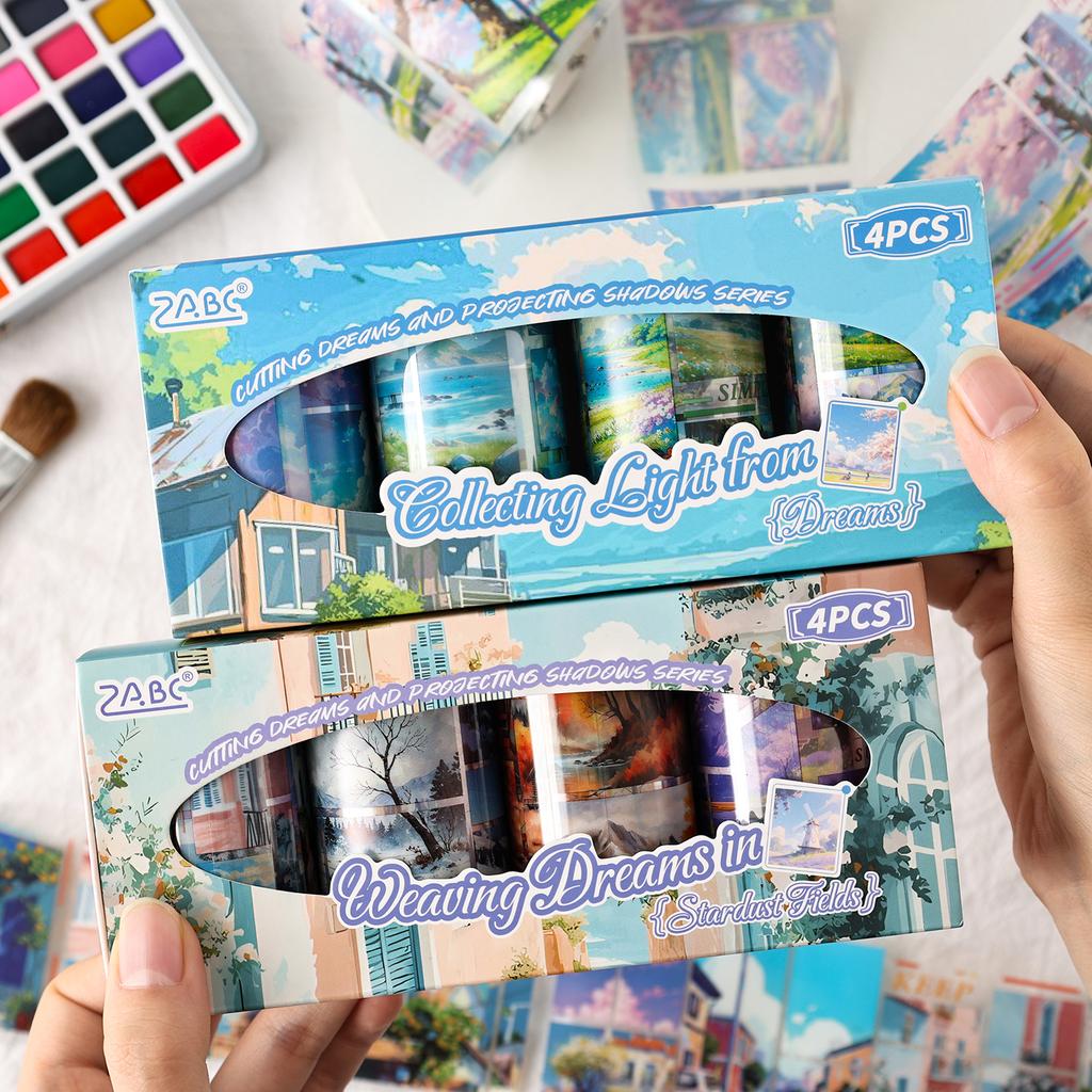 4 rolls/set Kawaii Ins Dream Silhouette Landscape PET Stickers DIY Diary Scrapbook Creative Collage Decoration Aesthetic Tape