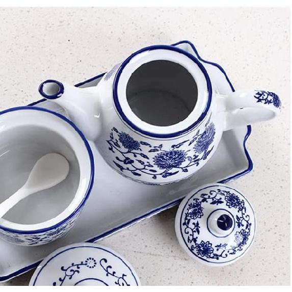 123Arts Blue and White Ceramic Small Tea Pot Retro Flower Teapot Water Pot Coffee Pot with Lid, 500ml,16.5oz