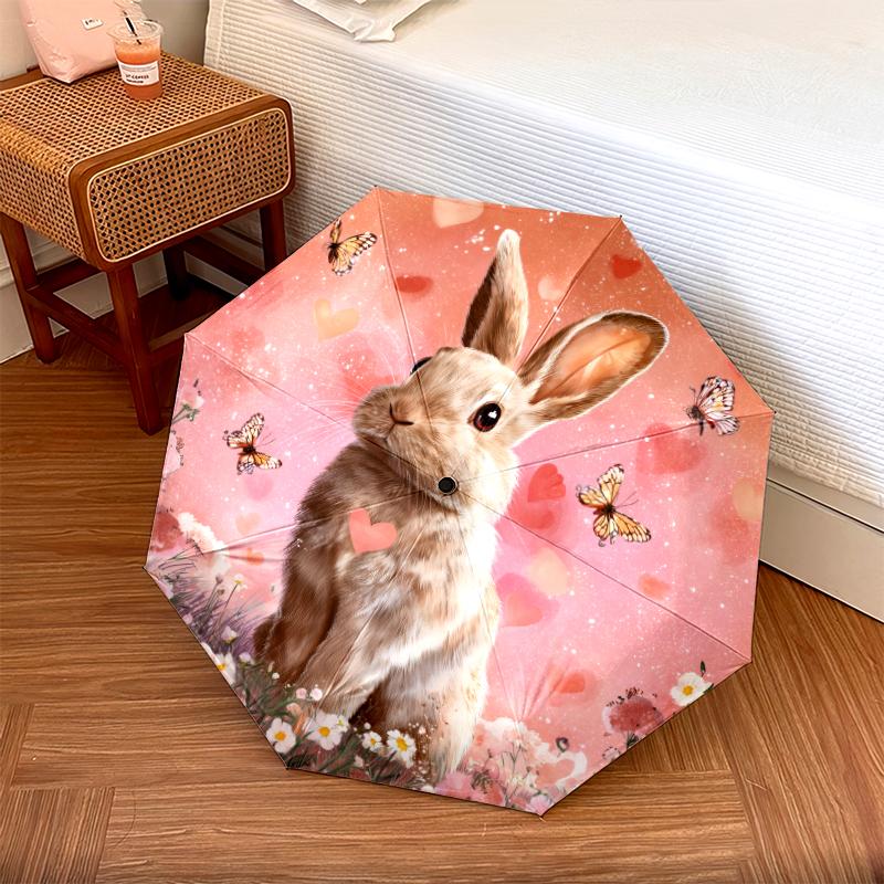 Rabbit and Flower pattern, automatic folding umbrella, portable and foldable design, 8 ribs, a Christmas or birthday gift.