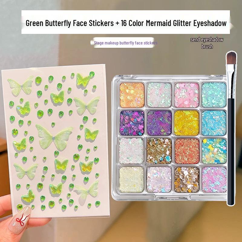 Meerjungfrau Pailletten Lidschatten Palette mit Perlmutt Glitzer & Selbstklebenden Strass Schmetterling Gesichtsklebern.