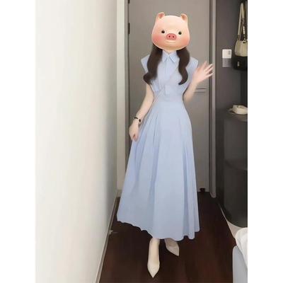 Summer Blue Shirt Dress Children's Casual New Polo Collar Sleeveless Early Autumn Wear Temperament Dress