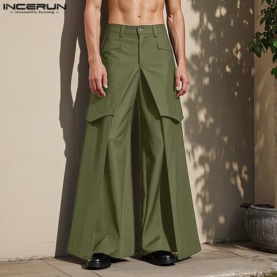 Men Zipper Up Layers Patchwork Casual  Long Straight Pants Trousers