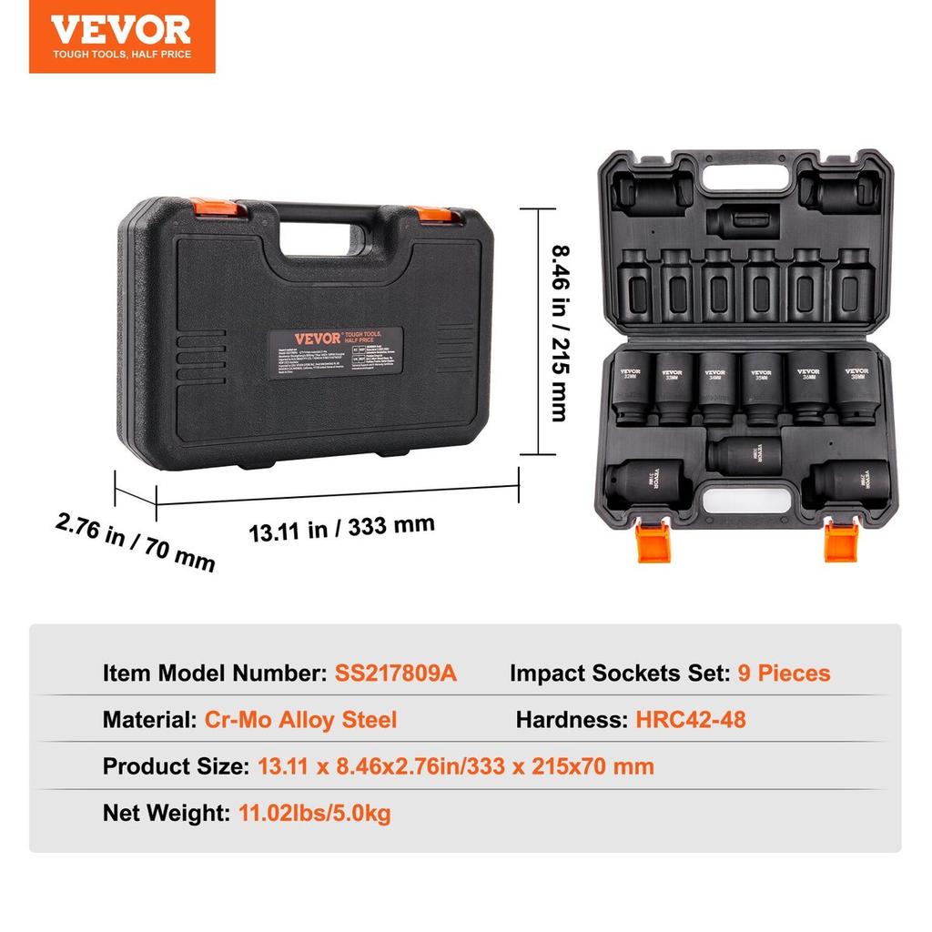 1/2" Drive Impact Socket Set, 9 Piece Deep Socket Set Metric 29-38mm, 6 Point Cr-Mo Alloy Steel for Auto Repair, Easy-to-Read Size Markings, Rugged