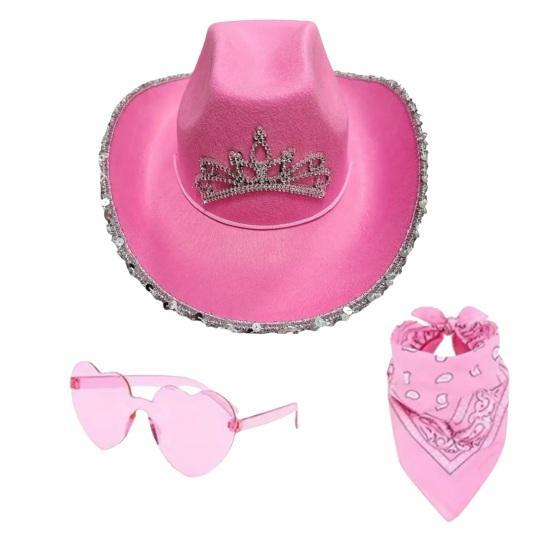 Hat Scarf Glasses Set Pink Series Felt Cowboy Hat with Feather Trim Pink Bandana Heart-Shaped Sunglasses Versatile Western Style Accessories