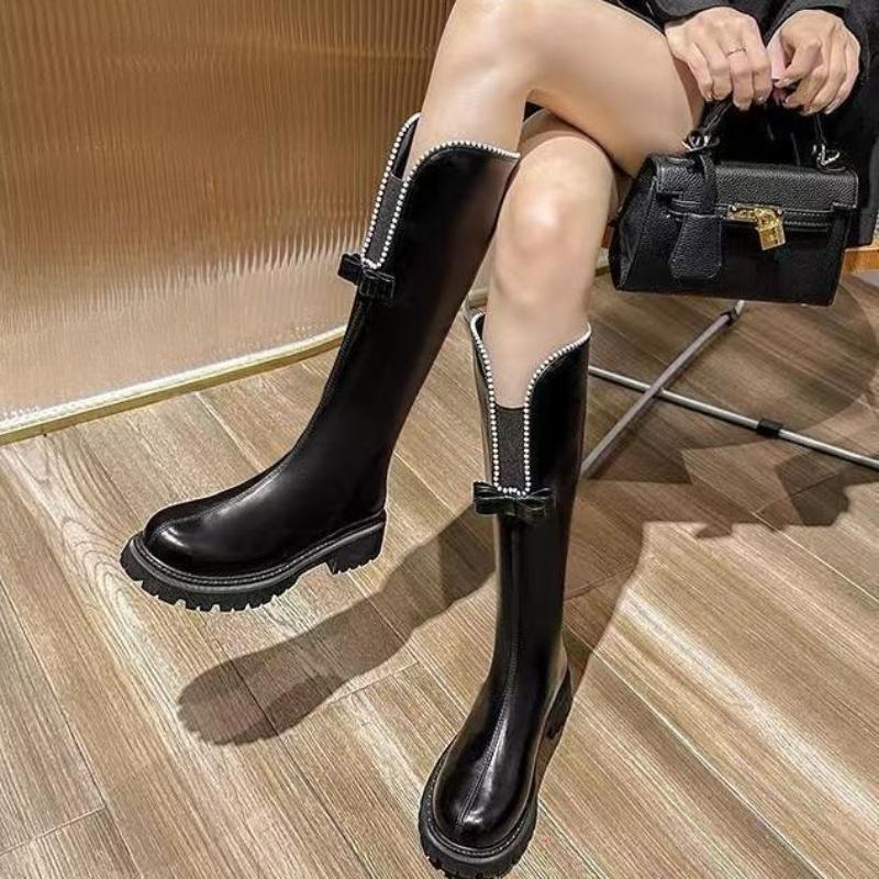 

Жемчужный бант Средний каблук Круглый носок Женские ботинки до колена Осень Зима Шикарные и элегантные Новинка Готические Горячие женские длинные сапоги 40