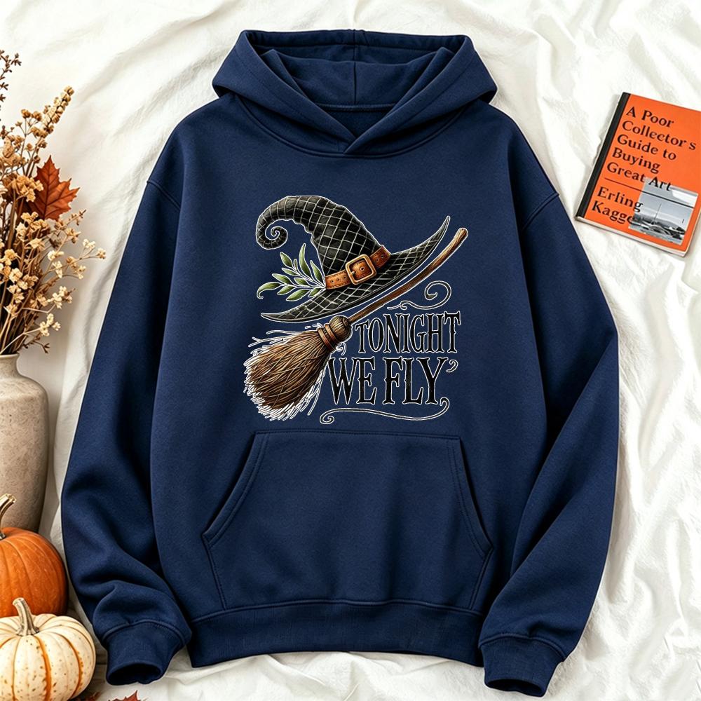 Tonight We Fly Witch Broom Hoodies Women Autumn Halloween Graphic Sweatshirt Loose Casual Long Sleeve Pullover Aesthetic Tops