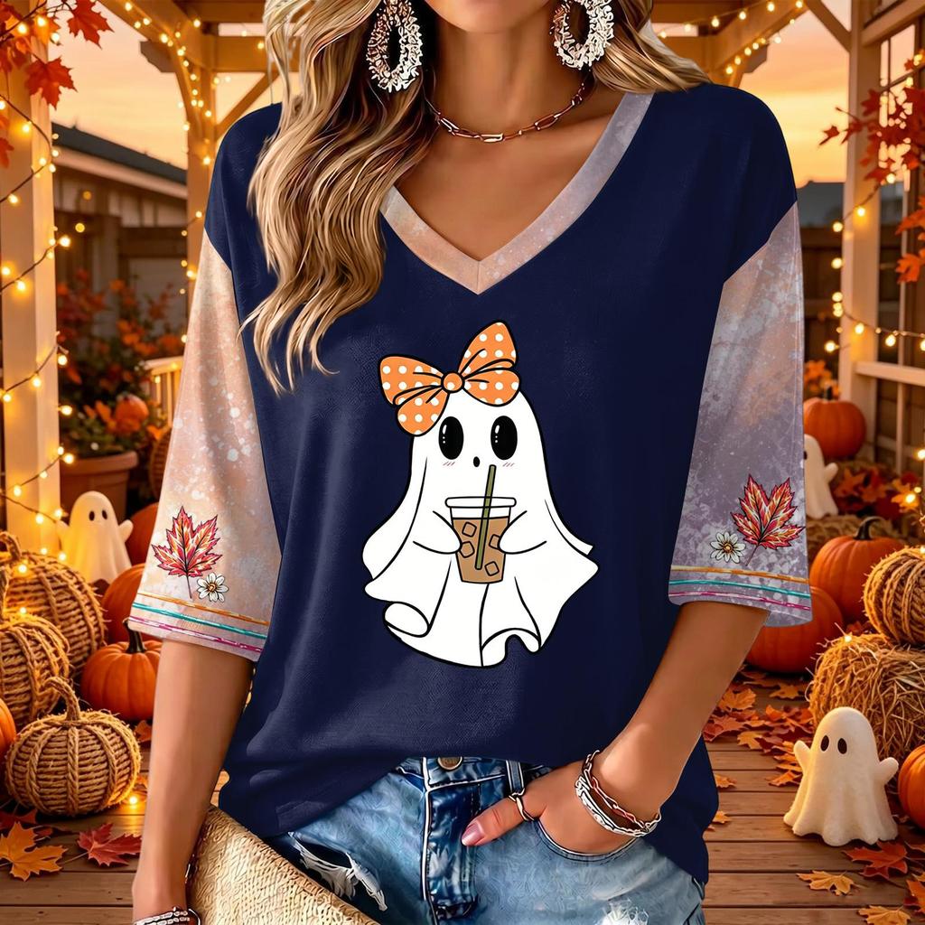 Women's Halloween Print V-Neck 3/4 Sleeve Casual Blouse Top