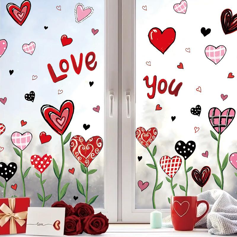 Heart Love Glass Window Stickers 3D Valentine's Day Scene Decoration Background Glass Static Wall Stickers Creating Holiday