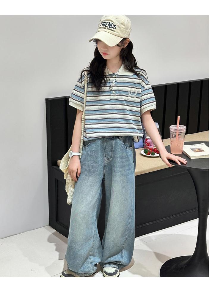 Girls' short sleeved polo shirt summer set, new summer outfit, children's women's clothing, student jeans two-piece set