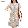ZANZEA Women Casual Round Neck Short Sleeve Print Dress