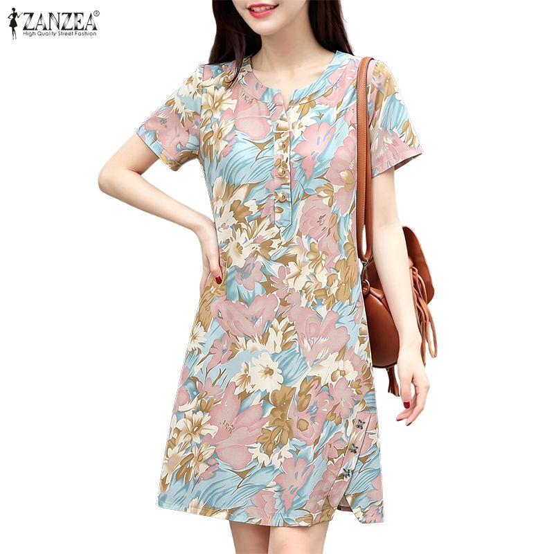 ZANZEA Women Casual Round Neck Short Sleeve Print Dress