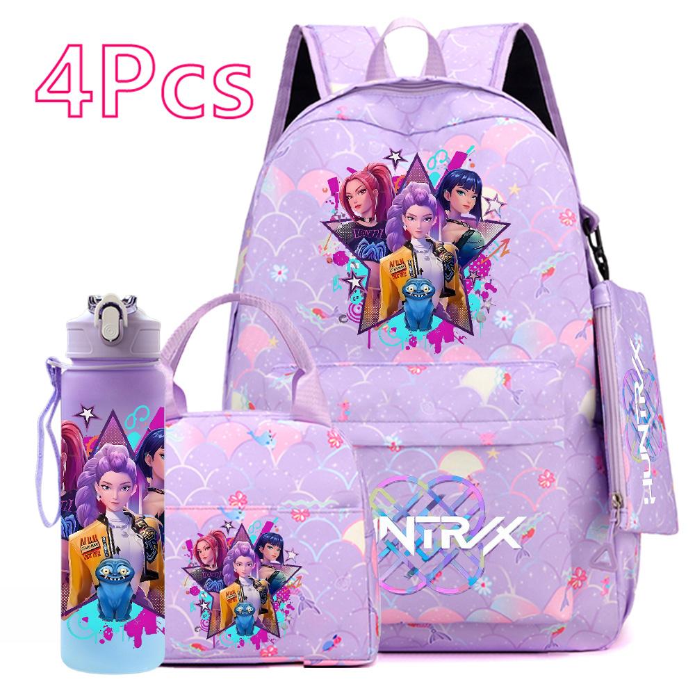 4 Adet/set KPOP Sırt Çantası El Çantası Kalemlik 750Ml Matara Genç Erkek Kız İçin Büyük Kapasiteli Kitap Çantası Karikatür Baskılı Okul Çantası Mochila