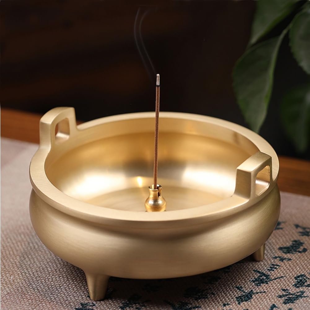 Incense Burner for Buddhist Altars, Pure Copper Incense Burner with Ash Spill Prevention (10cm Diameter, 5cm Height), Thick, Stable, and Unbreakable,