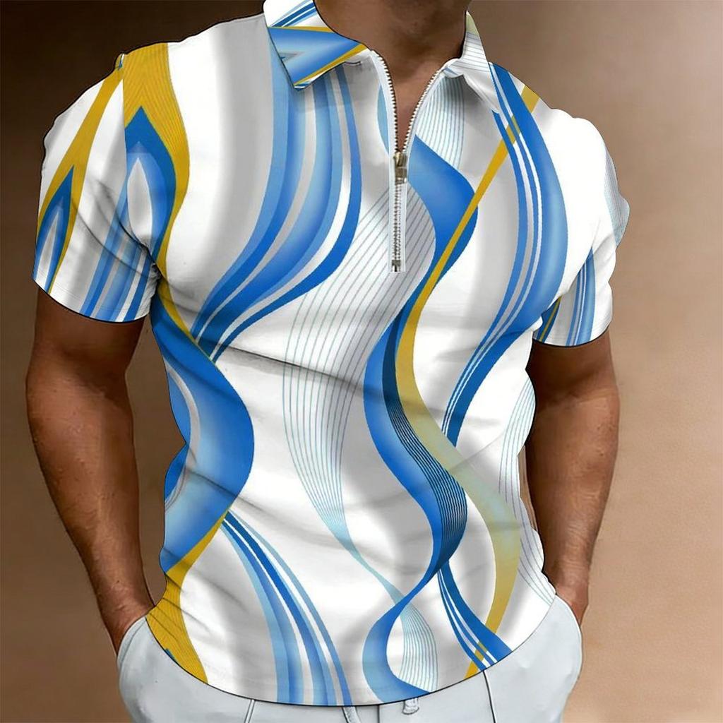 Women Short Sleeve Polo Shirt Dark Blue Teal Spiral Dot Circle Print Half Zip Lapel Top