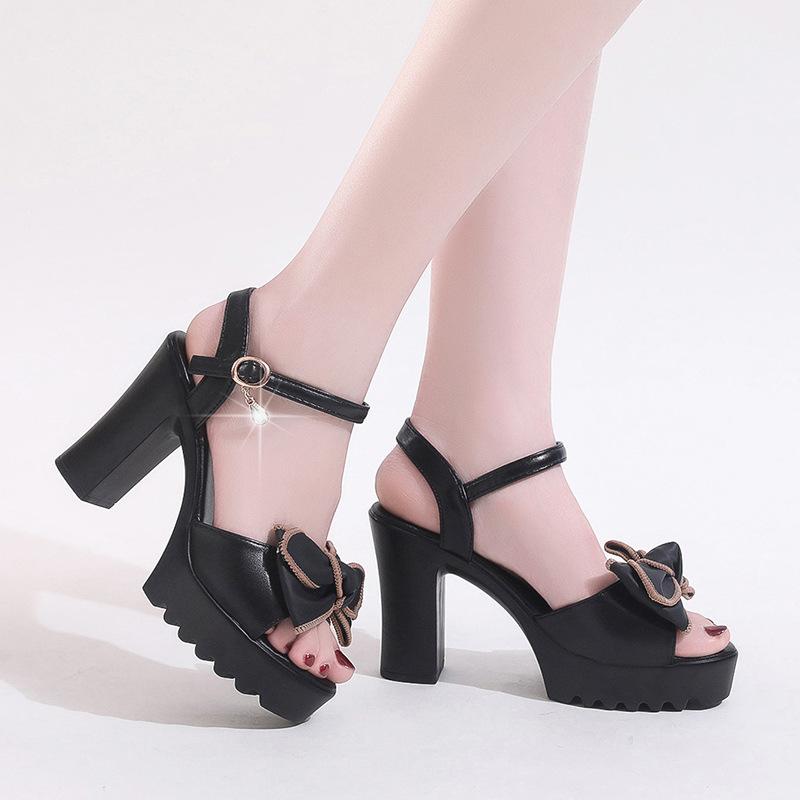 

(Factory) High-heeled sandals women s thick-heeled waterproof table new soft leather thick-soled heightened comfortable and light women s shoes 35