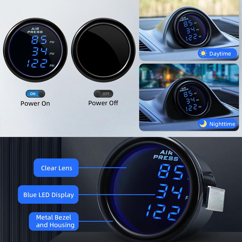 Digital Air Pressure Gauge Air Suspension Dual/Triple Display Air Pressure Guage with 2pcs/3pcs 1/8NPT Sensors Blue Backlight