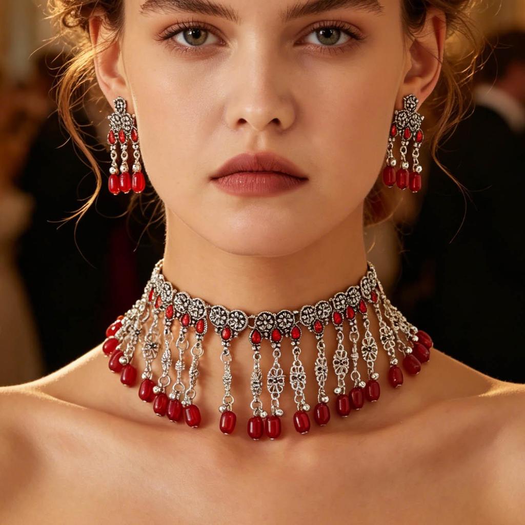 European & American Ethnic Style Rhinestone Tassel Necklace & Earring Set