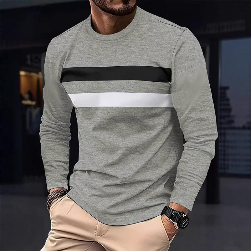 Round Neck 3D Stripe Printed Top Casual Long Sleeved Men's T-shirts - Soft Medium Stretch Polyester Fabric Spring and Autumn Relaxed Fit Clothing