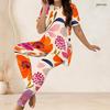 Women Plus Size Two Piece Set Round Neck Short Sleeve Floral Printed Longline Top Fitted Pants
