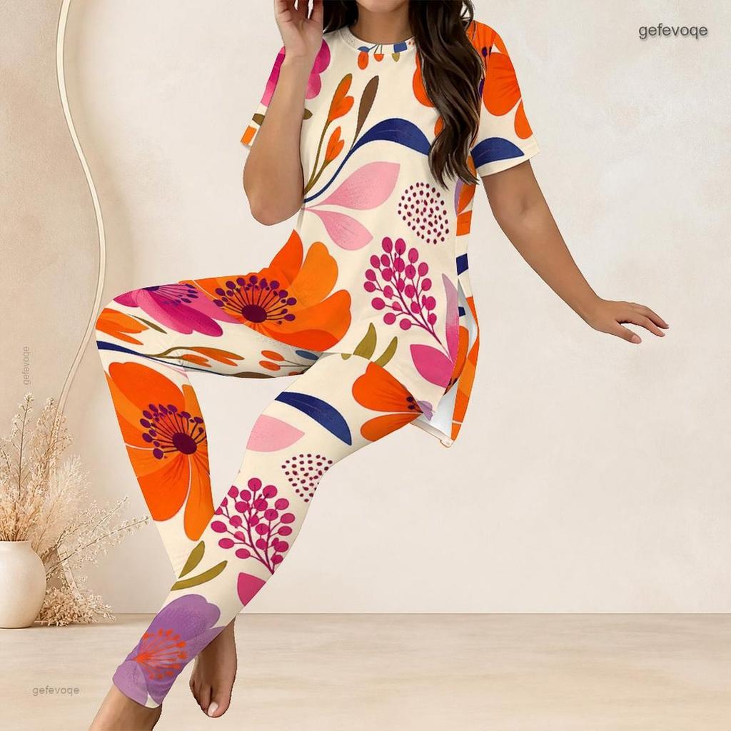 Women Plus Size Two Piece Set Round Neck Short Sleeve Floral Printed Longline Top Fitted Pants