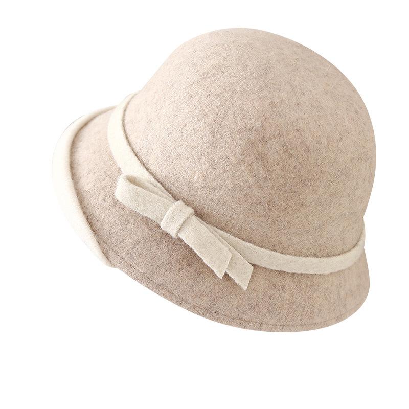 Autumn and Winter New Simple Bow Wool Woolen Basin Hat Retro Versatile Bucket Hat Warm and Windproof Personality Shows Small Face