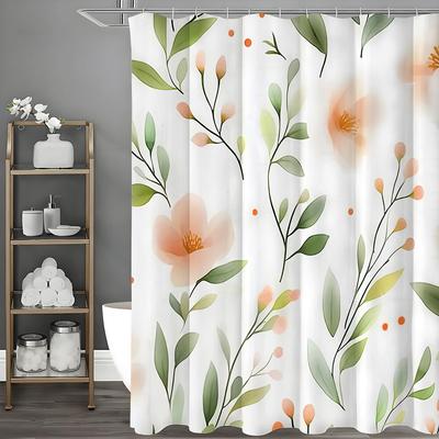 Spring Orange Floral Green Leaf Shower Curtain, Bathroom Decorative Shower Curtain, Waterproof Shower Curtain with Hooks
