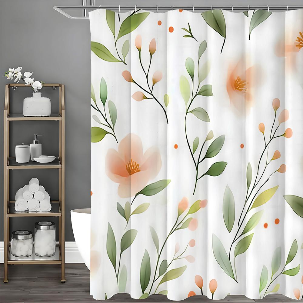 

Весенняя оранжевая с цветочным узором и зелеными листьями шторка для душа, декоративная шторка для ванной, водонепроницаемая шторка для душа с крючками 90*180cm
