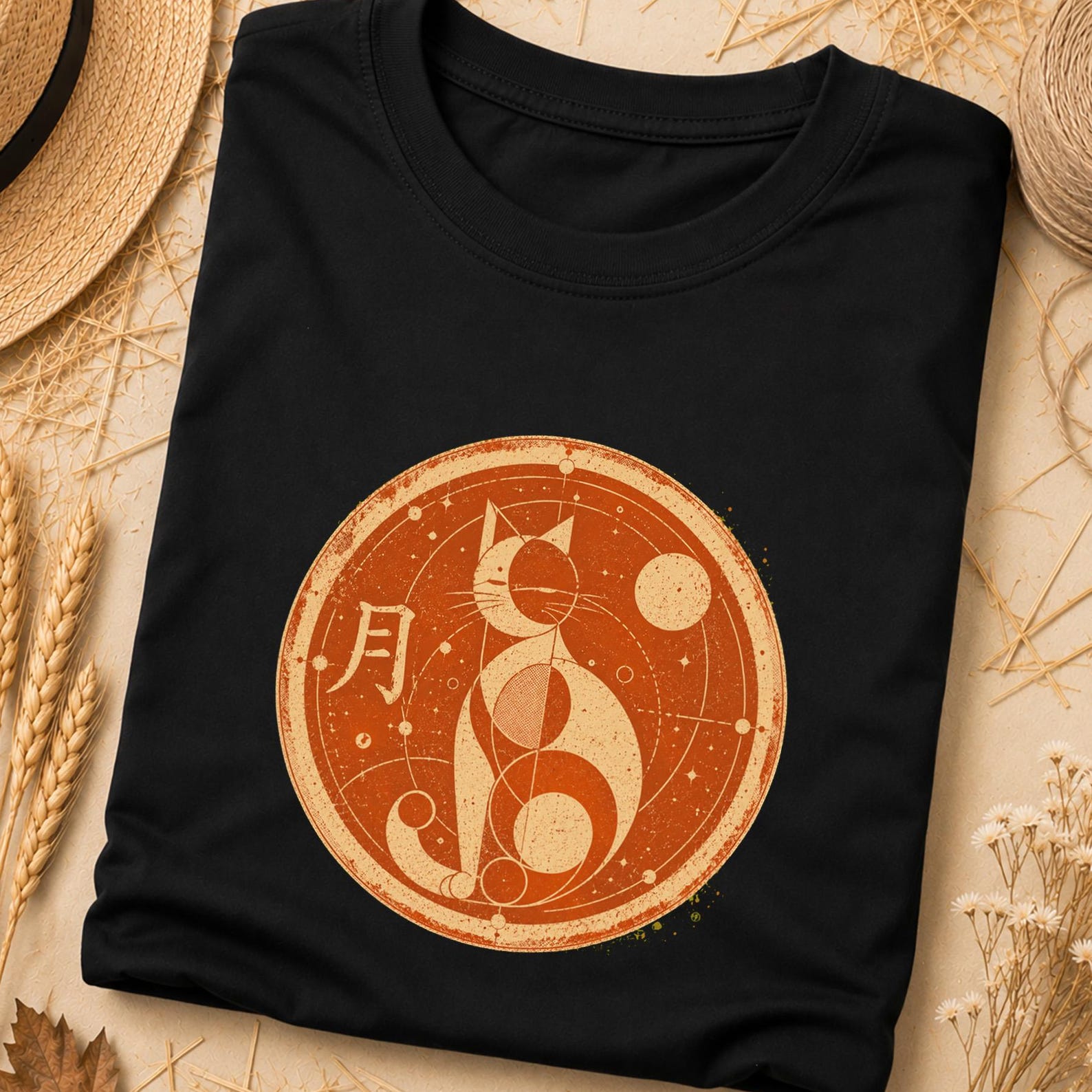 Japanese Space Cat T-Shirt, Retro Galaxy Cat Graphic, Japanese Minimal Art Shirt, Vintage Space Cat Design, Minimalist Space Cat Graphic Tee 4XL