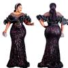 Rose-Shaped Sequin Slim-Fit Fishtail Evening Gown, Long Dress with Off-Shoulder Ruffles, Luxurious African and European Women's Long Dress