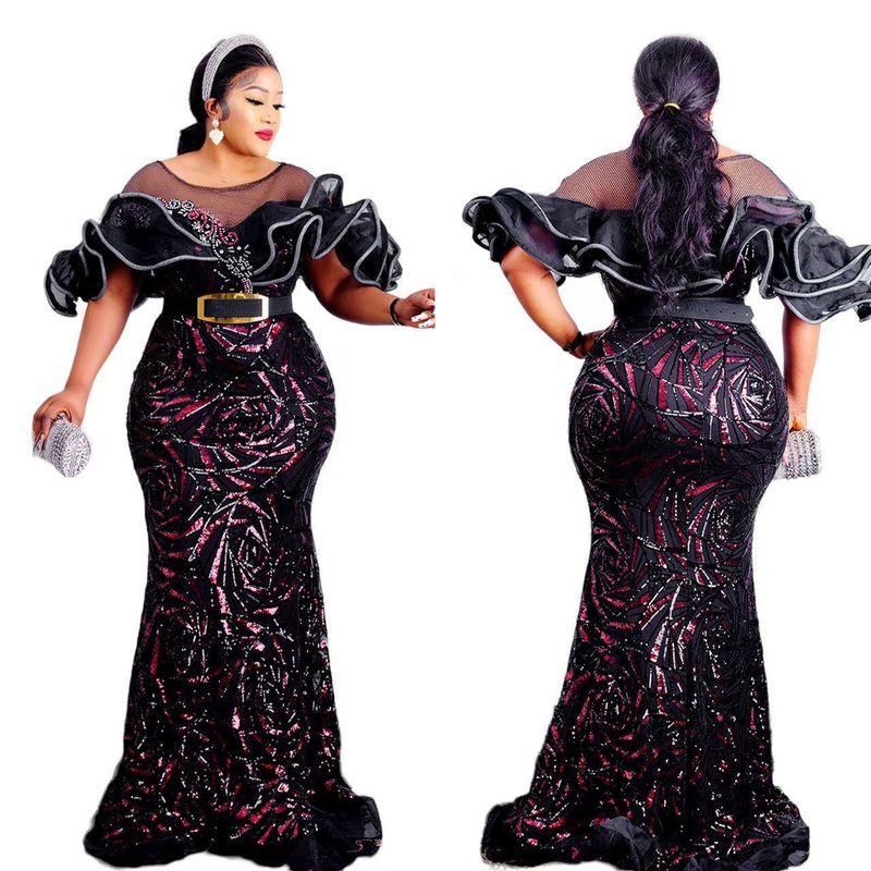 Rose-Shaped Sequin Slim-Fit Fishtail Evening Gown, Long Dress with Off-Shoulder Ruffles, Luxurious African and European Women's Long Dress