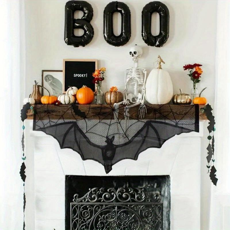 Halloween Lace Curtain Gothic Bat Tablecloth Fireplace Scarf Window Cover for Party Home Decoration Cobweb Halloween