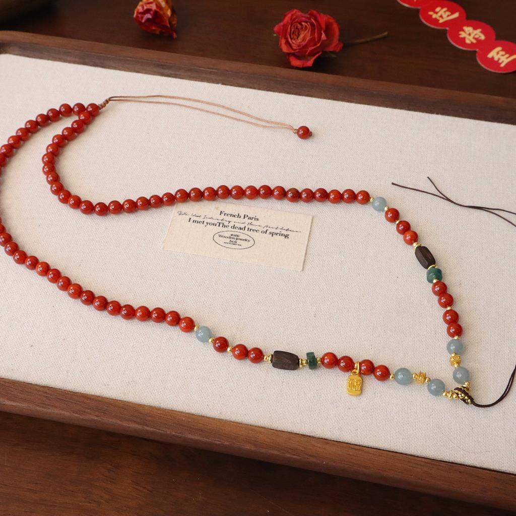 Hand-Woven Natural Nanhong Agate Universal Chain Beaded Necklace Ornament Fashion Women Daily Jewelry Lucky Gift