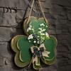 Wooden Clover Hanging Decor St. Patrick's Day Door Sign with Hemp Rope, Rustic Double Layer Shamrock Green Artificial Floral Wreath Flowers and Fabric