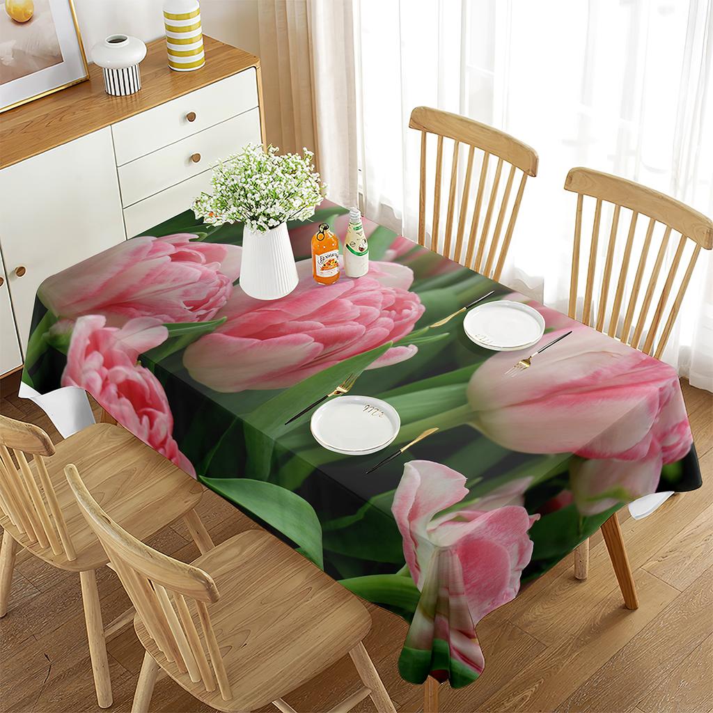 Tulip Tablecloth 3D Pink Flower Plant Pattern Table Cover Rectangle for Kitchen Living Room Dining Room Home Picnic Decoration