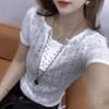 2025 Summer New Style Fake Two-piece T-shirt for Women Fashion Hollow Diamond Inlaid V-neck Loose Short-sleeved Top