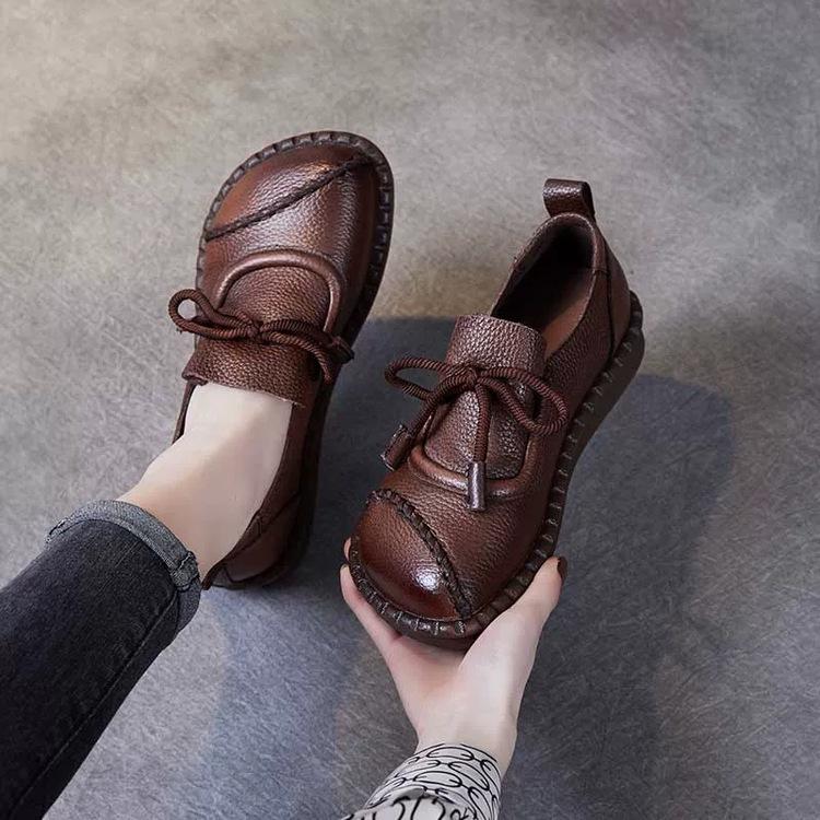 Popular single shoes women's versatile round head lace-up 2025 autumn new retro casual low-top soft leather flat-soled small leather shoes