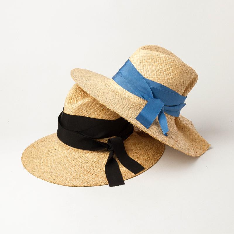 USPOP Spring Summer Wide Ribbon Bow Sun Hats Double-layer Hand-woven Raffia Jazz Hat Outdoor Sunshade Raffia Beach Straw Hat