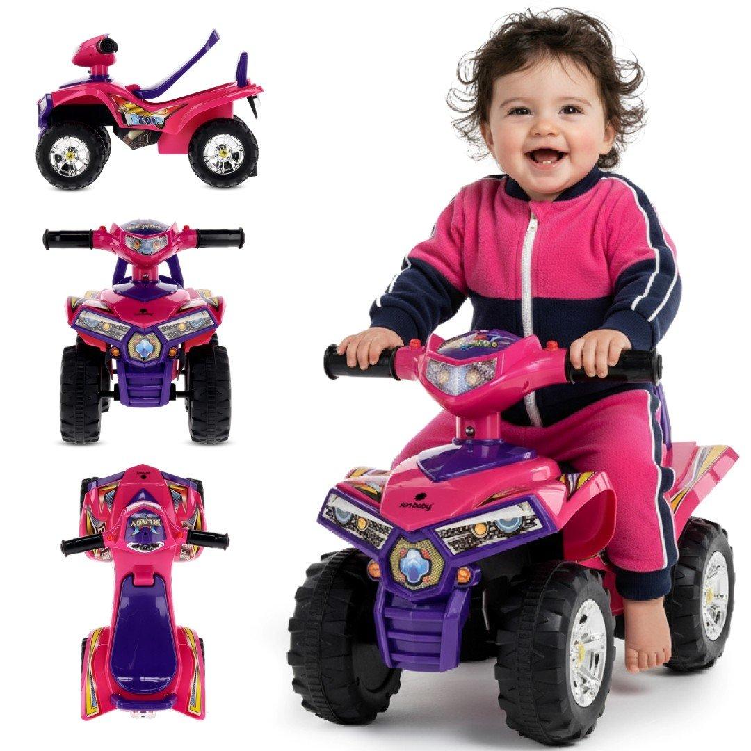 sun baby Kinderauto loopauto vanaf 1 jaar, baby quad, voertuig auto, Zwenkbare voorwielen, Claxon en motorgeluid in de stuurhendels, Opbergvak onder de zitting (Roze)