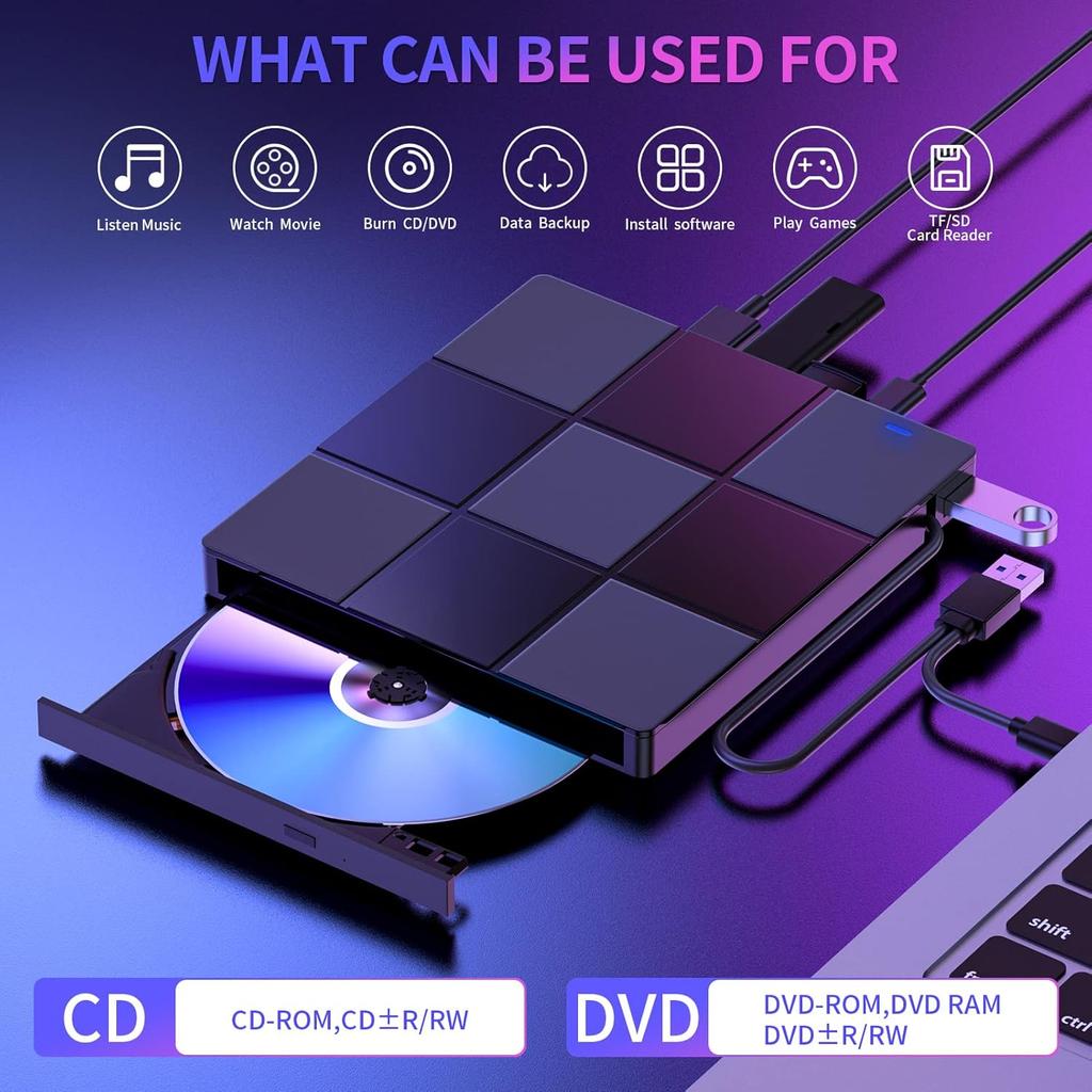 Externí CD/DVD mechanika, DVD přehrávač pro notebook, USB 3.0 Ultra-štíhlá přenosná CD vypalovačka Optická mechanika Kompatibilní s počítačem Mac PC