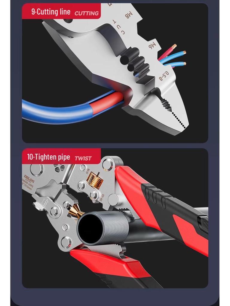 Delixi 16-in-1 Multifunctional Wire Stripper Pliers: Folding Buckle for Stripping, Separating, Winding, Crimping, and Cutting.
