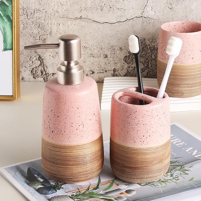 Pink ceramic toothbrush holder, mouth cup tooth cup soap dish dispenser lotion bottle bathroom accessories soap dispenser
