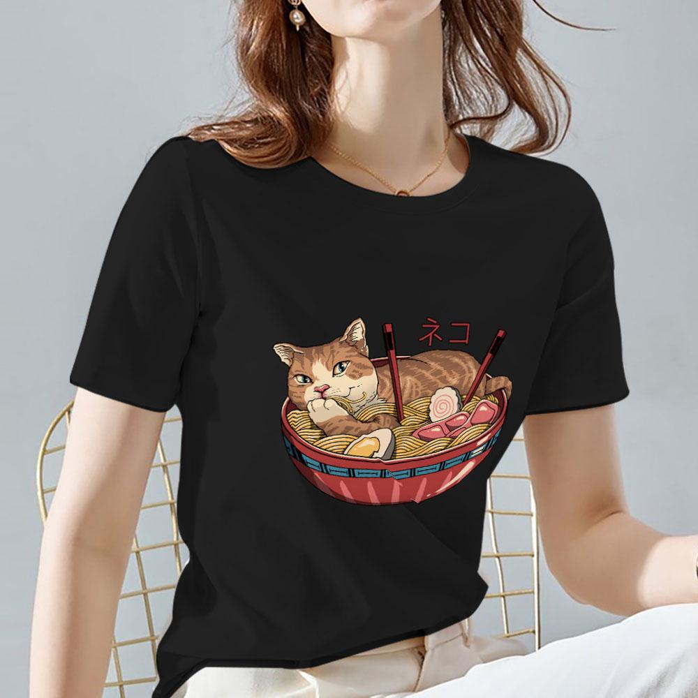 Îmbrăcăminte pentru femei Tricou Topuri Moda Casual Desene animat Japonez Portocaliu Pisica Model Imprimare Subțire Gât rotund Commuter Tricou negru