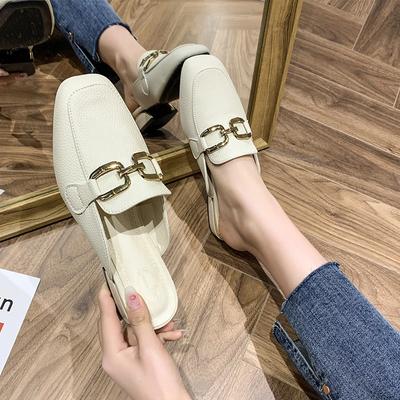 Fashion Baotou Half Slippers Women Shoe British Style Fashion Metal Buckle Decorate Med Heel Casual Slides Spring Summer Lazy Slipper