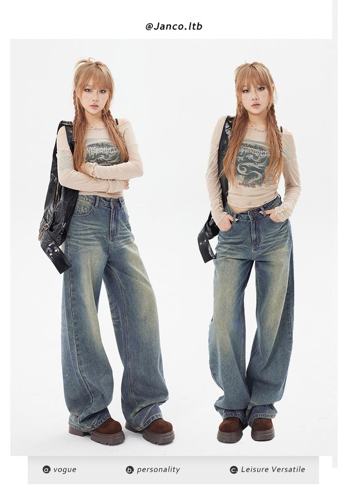 American washed textured old high-waisted jeans women's autumn loose wide-legged thin versatile drape trousers