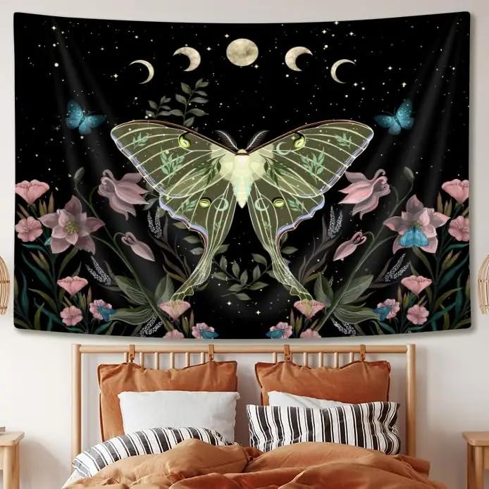 Moth Tapestry Boho Mushroom Hippie Tapestry Vintage Floral Plant Moon Phase Small Tapestries Wall Hanging for Dorm Room Decor